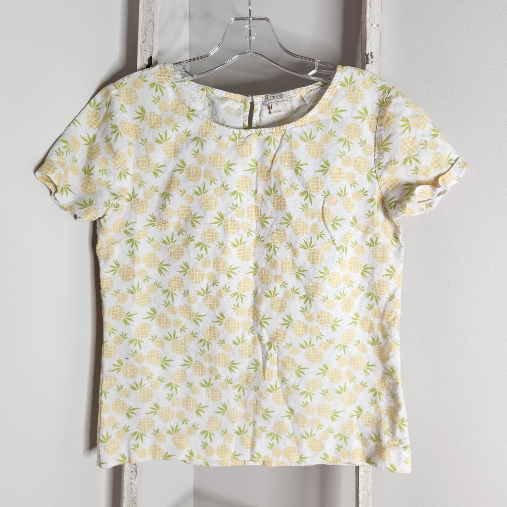 J.Crew womens XS linen cotton blend short sleeve pinapple print keyhole top - Picture 1 of 5